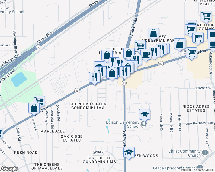 map of restaurants, bars, coffee shops, grocery stores, and more near 105 Cromwell Avenue in Willoughby
