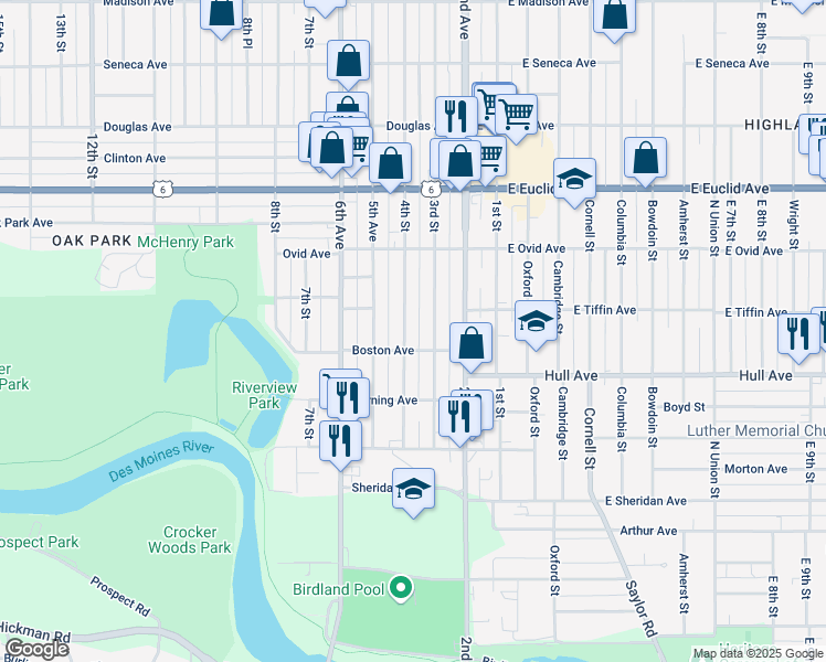 map of restaurants, bars, coffee shops, grocery stores, and more near 3112 4th Street in Des Moines