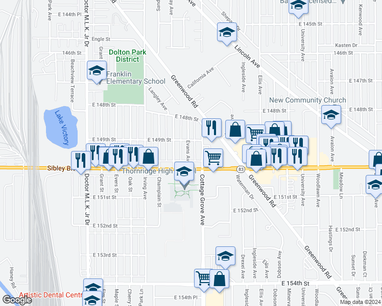 map of restaurants, bars, coffee shops, grocery stores, and more near 14921 Evans Avenue in Dolton