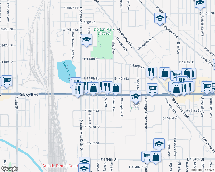 map of restaurants, bars, coffee shops, grocery stores, and more near 14924 Irving Avenue in Dolton