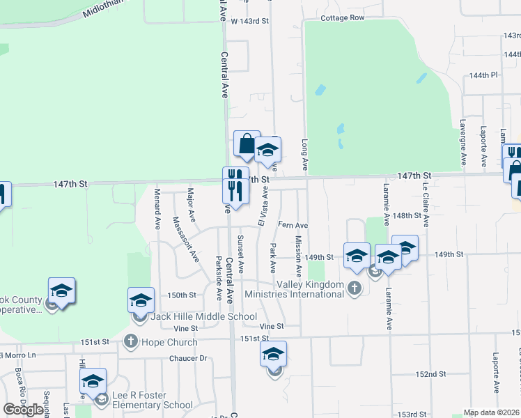 map of restaurants, bars, coffee shops, grocery stores, and more near 14746 El Vista Avenue in Oak Forest