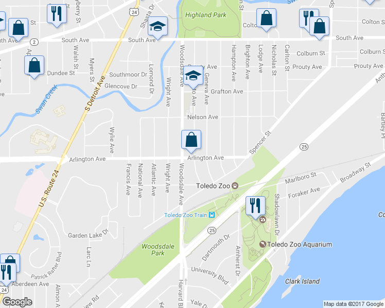map of restaurants, bars, coffee shops, grocery stores, and more near 1762 Arlington Avenue in Toledo
