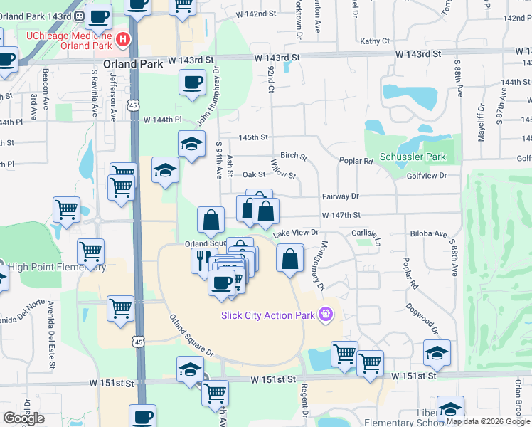 map of restaurants, bars, coffee shops, grocery stores, and more near 14657 Green Street in Orland Park