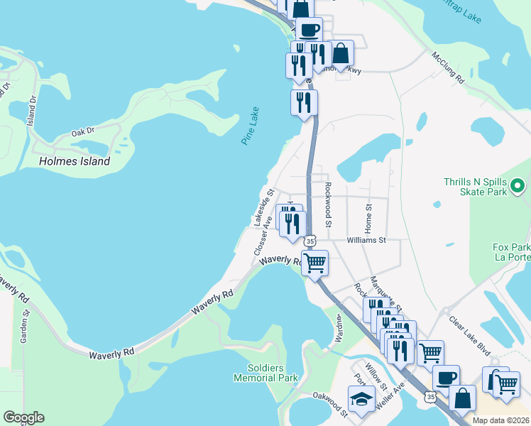 map of restaurants, bars, coffee shops, grocery stores, and more near 510 Closser Avenue in La Porte