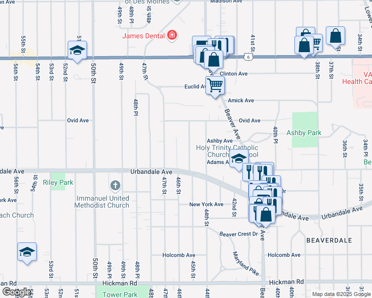 map of restaurants, bars, coffee shops, grocery stores, and more near 3114 45th St in Des Moines