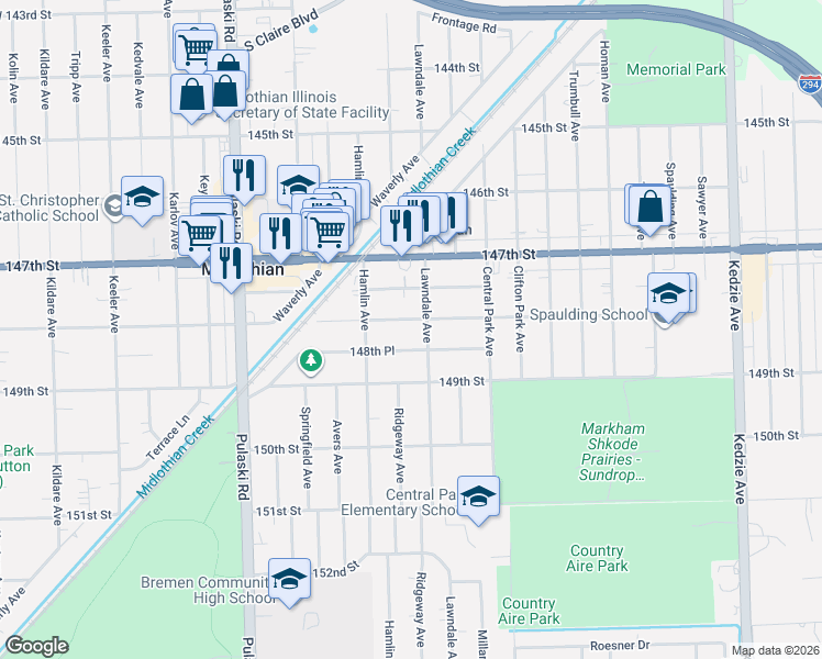 map of restaurants, bars, coffee shops, grocery stores, and more near 3713 148th St in Midlothian