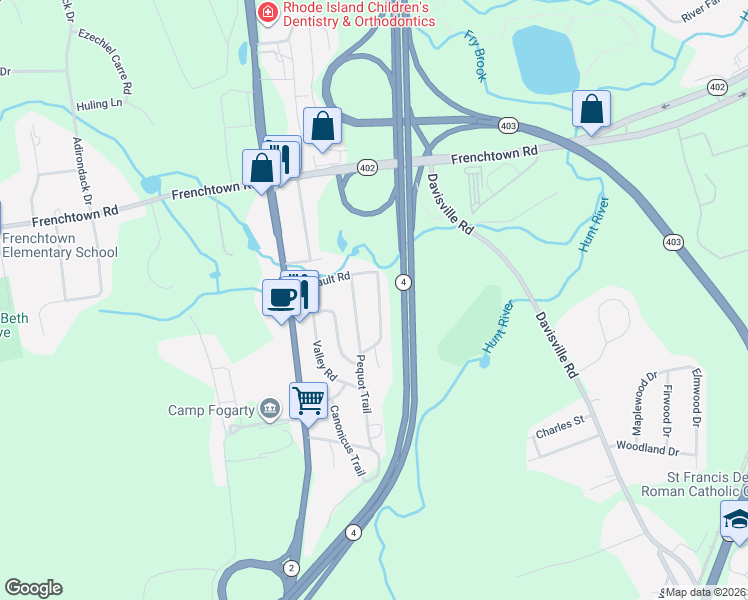 map of restaurants, bars, coffee shops, grocery stores, and more near 29 Wildwood Trail in East Greenwich