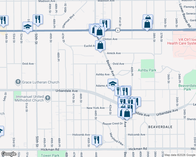 map of restaurants, bars, coffee shops, grocery stores, and more near 3120 44th Street in Des Moines