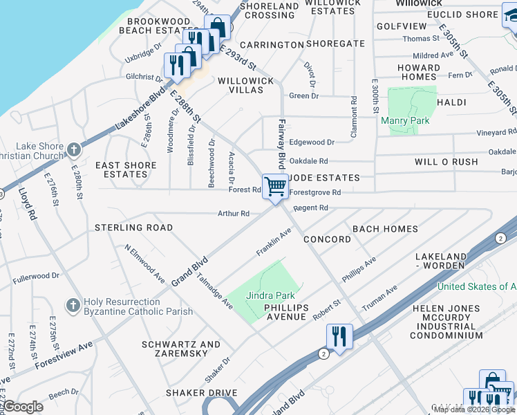 map of restaurants, bars, coffee shops, grocery stores, and more near 29853 Arthur Road in Wickliffe