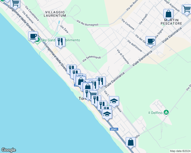 map of restaurants, bars, coffee shops, grocery stores, and more near 33 Via Odessa in Torvaianica