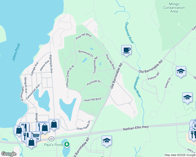 map of restaurants, bars, coffee shops, grocery stores, and more near 1 Upland Circle in Mashpee