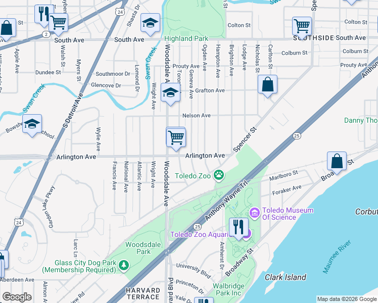 map of restaurants, bars, coffee shops, grocery stores, and more near 881 Geneva Avenue in Toledo