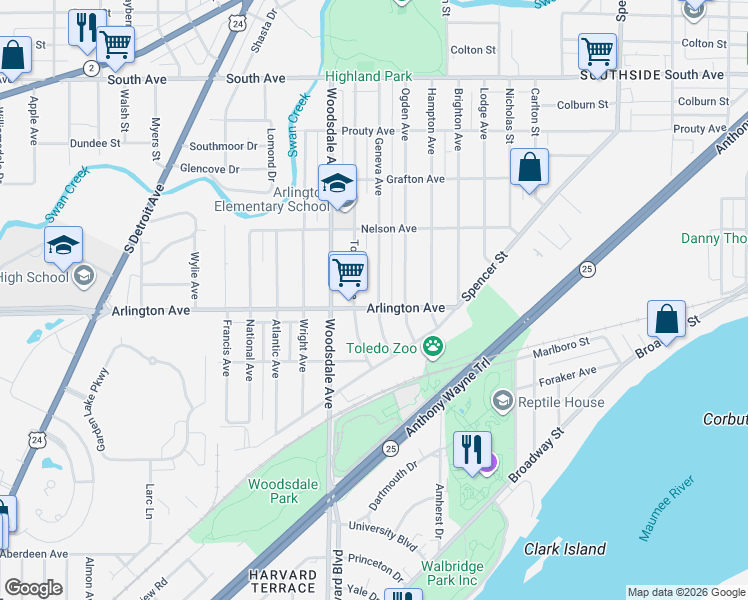 map of restaurants, bars, coffee shops, grocery stores, and more near 881 Geneva Avenue in Toledo