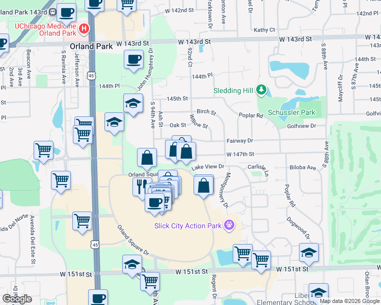 map of restaurants, bars, coffee shops, grocery stores, and more near 9298 West 147th Street in Orland Park
