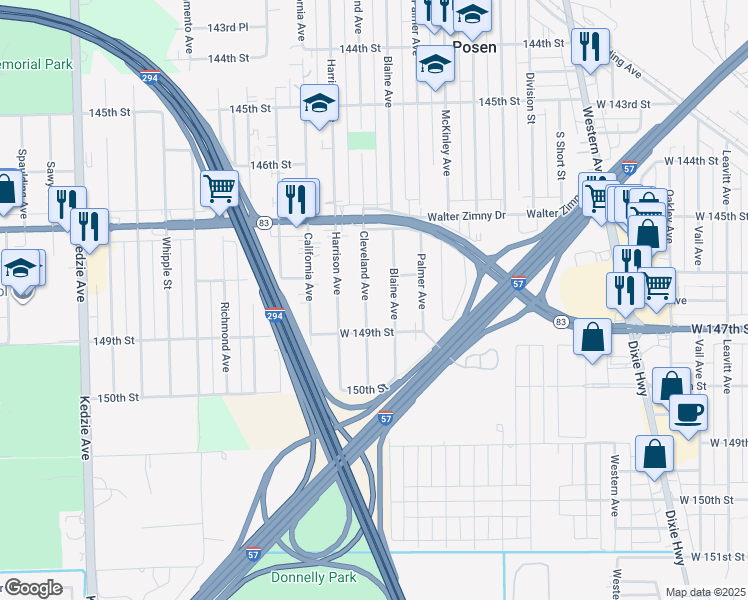 map of restaurants, bars, coffee shops, grocery stores, and more near 14824 Blaine Avenue in Posen