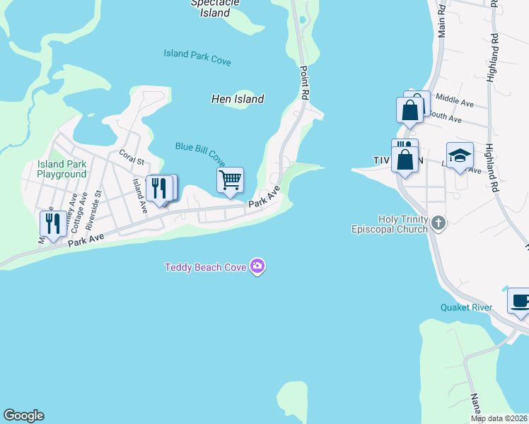 map of restaurants, bars, coffee shops, grocery stores, and more near 175 Seaconnet Blvd in Portsmouth