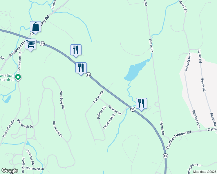 map of restaurants, bars, coffee shops, grocery stores, and more near 2585 State Route 55 in Poughquag