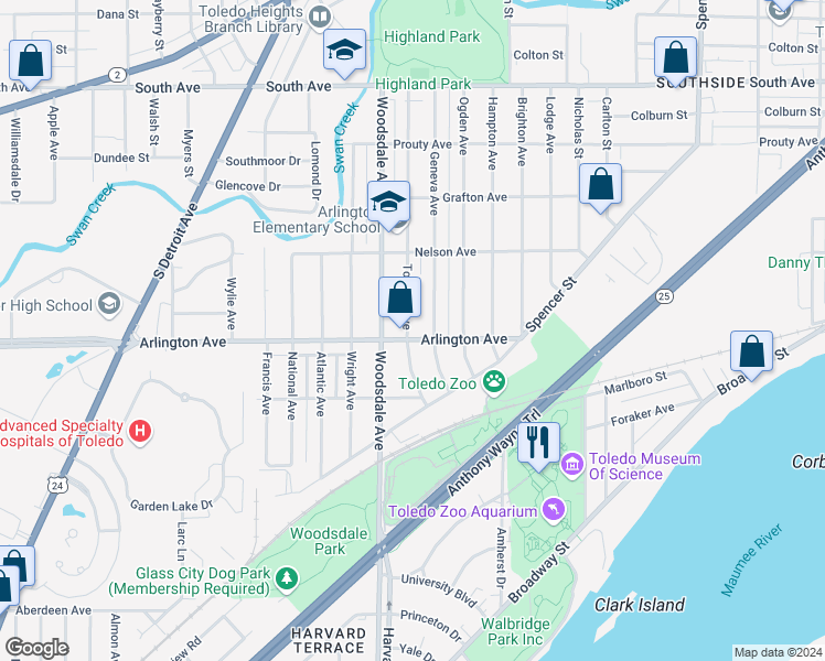 map of restaurants, bars, coffee shops, grocery stores, and more near 1762 Arlington Avenue in Toledo