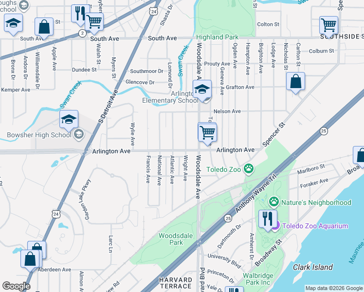 map of restaurants, bars, coffee shops, grocery stores, and more near 1856 Arlington Avenue in Toledo