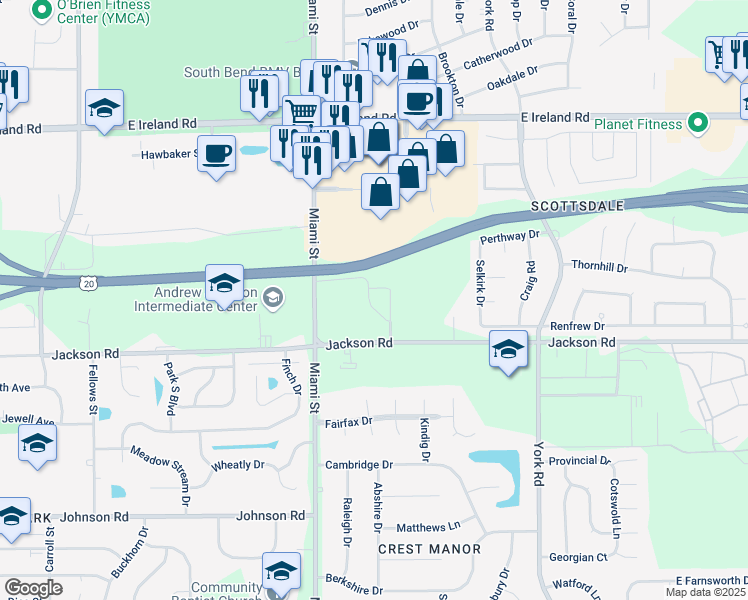 map of restaurants, bars, coffee shops, grocery stores, and more near 1220 East Fairington Circle in South Bend