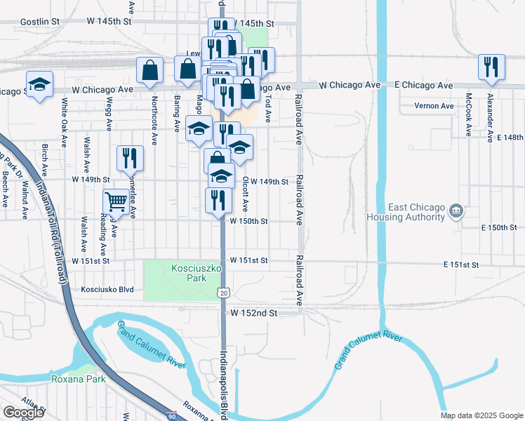 map of restaurants, bars, coffee shops, grocery stores, and more near 4936 Tod Avenue in East Chicago