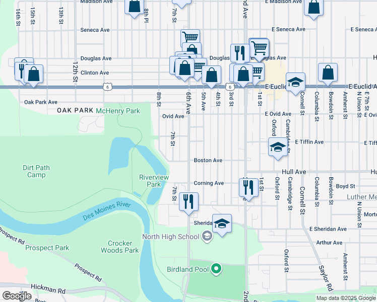 map of restaurants, bars, coffee shops, grocery stores, and more near 3114 6th Avenue in Des Moines