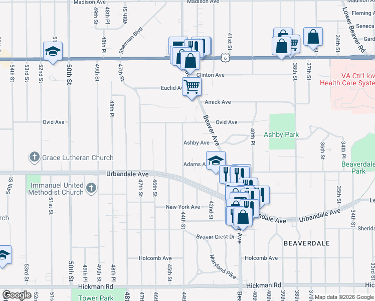 map of restaurants, bars, coffee shops, grocery stores, and more near 3120 44th Street in Des Moines