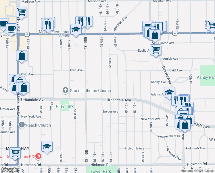 map of restaurants, bars, coffee shops, grocery stores, and more near 3111 48th Place in Des Moines