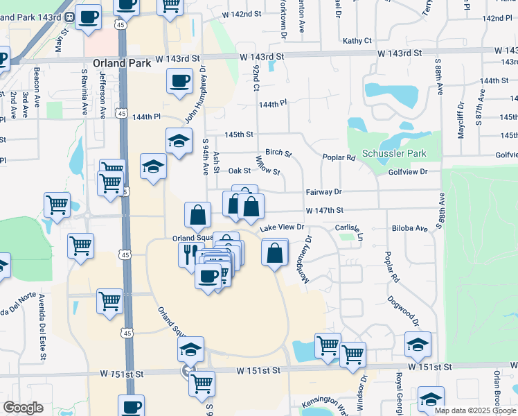 map of restaurants, bars, coffee shops, grocery stores, and more near 9240 West 147th Street in Orland Park
