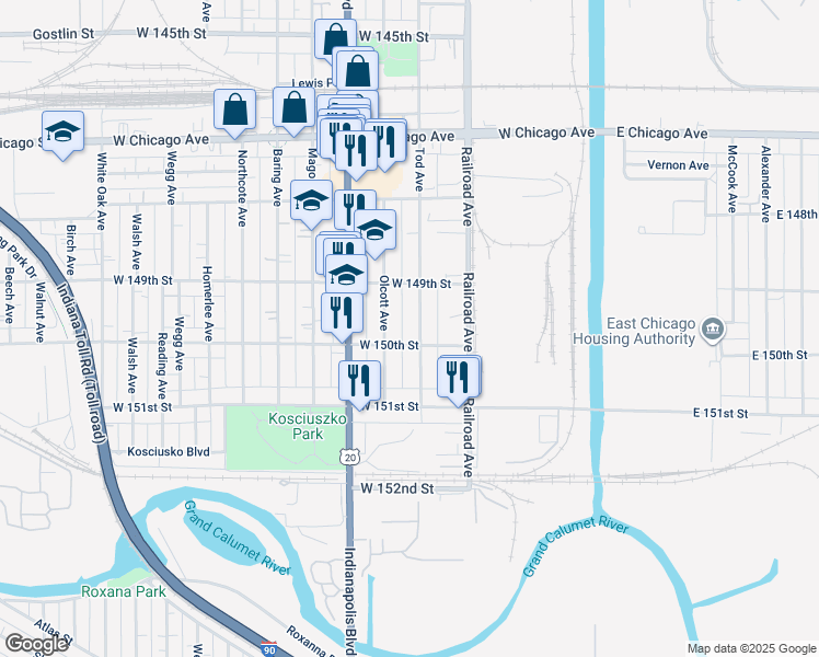 map of restaurants, bars, coffee shops, grocery stores, and more near 4936 Tod Avenue in East Chicago