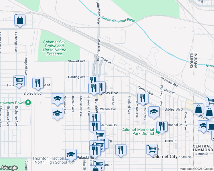 map of restaurants, bars, coffee shops, grocery stores, and more near 451 Hirsch Avenue in Calumet City