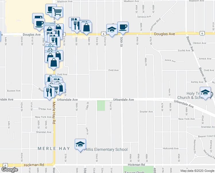 map of restaurants, bars, coffee shops, grocery stores, and more near 3111 52nd Street in Des Moines