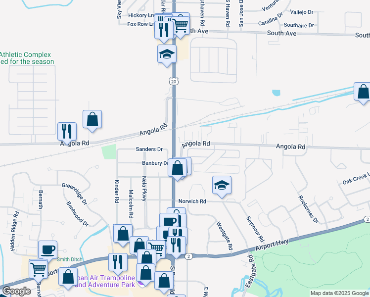 map of restaurants, bars, coffee shops, grocery stores, and more near 5151 Angola Road in Toledo