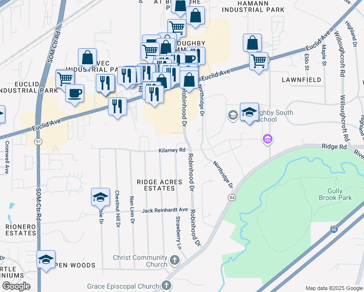 map of restaurants, bars, coffee shops, grocery stores, and more near 5020 Robinhood Drive in Willoughby