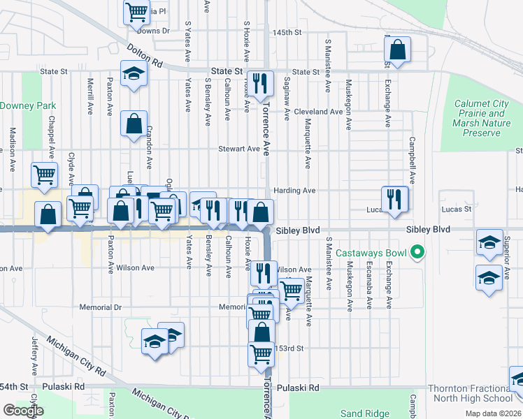 map of restaurants, bars, coffee shops, grocery stores, and more near 470 Torrence Avenue in Calumet City