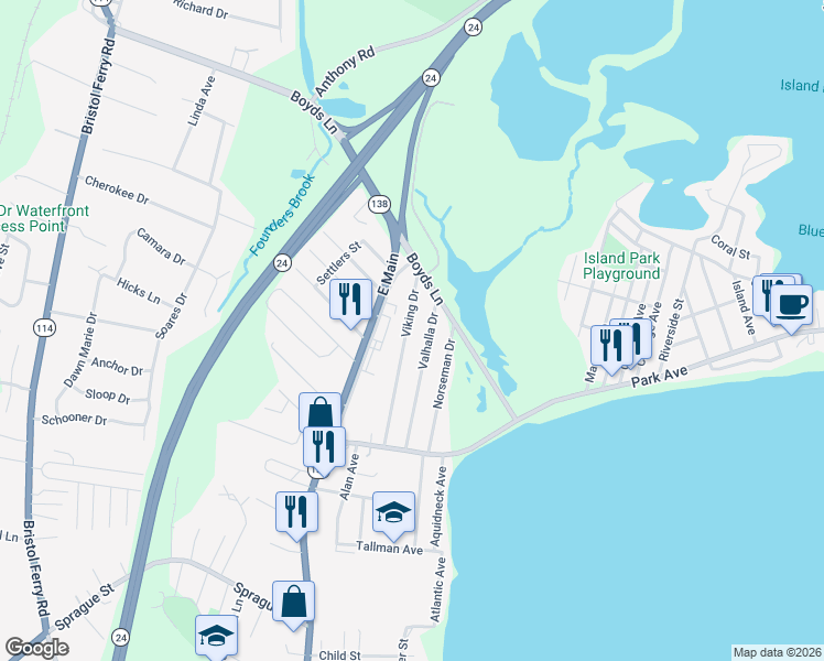 map of restaurants, bars, coffee shops, grocery stores, and more near 123 Viking Drive in Portsmouth