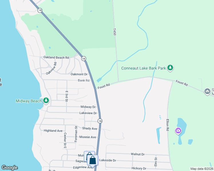 map of restaurants, bars, coffee shops, grocery stores, and more near 21951 Foust Road in Conneaut Lake