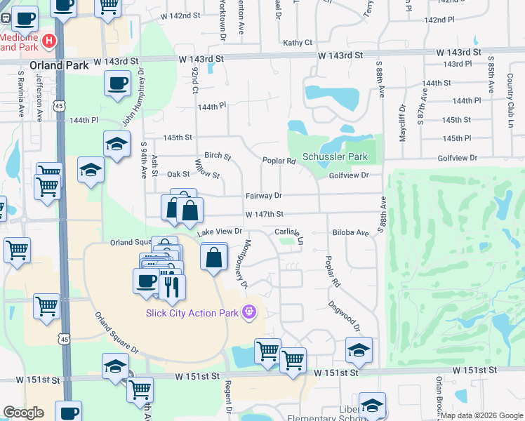 map of restaurants, bars, coffee shops, grocery stores, and more near 9100 West 147th Street in Orland Park
