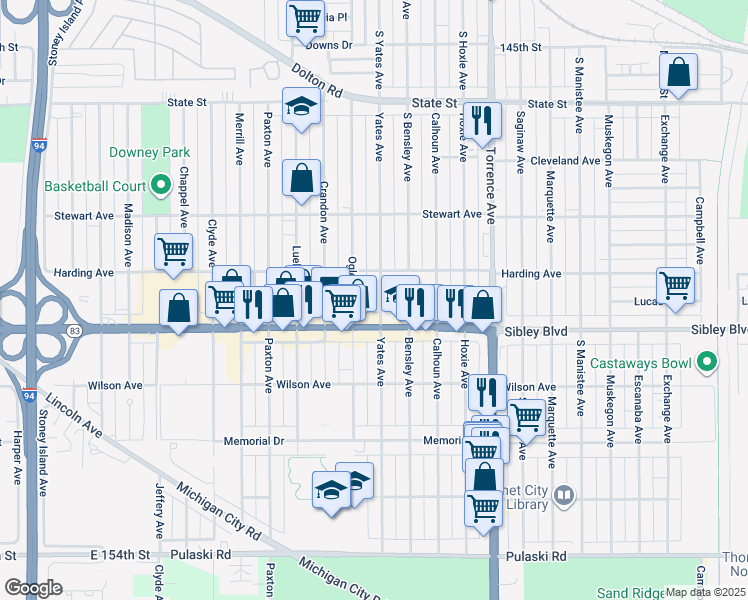 map of restaurants, bars, coffee shops, grocery stores, and more near 452 Yates Avenue in Calumet City