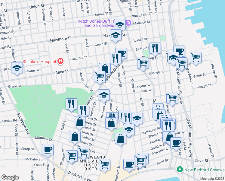 map of restaurants, bars, coffee shops, grocery stores, and more near 12 Sears Street in New Bedford