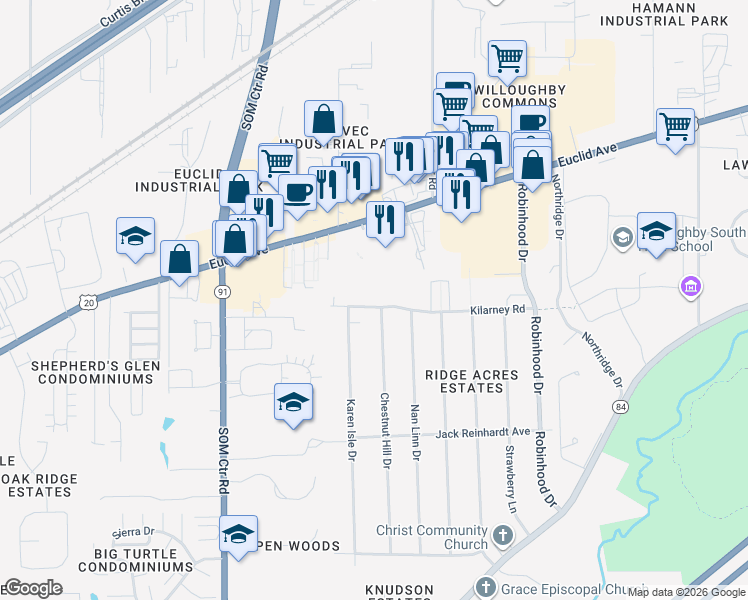 map of restaurants, bars, coffee shops, grocery stores, and more near 35717 Kilarney Road in Willoughby