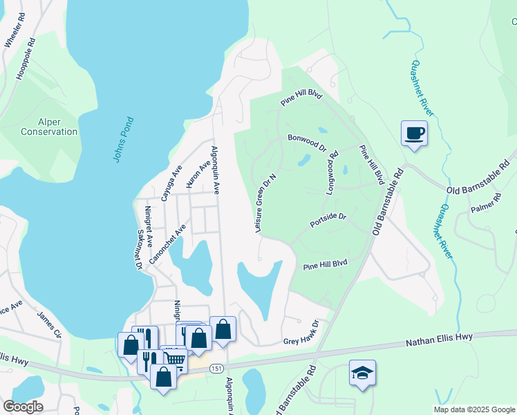 map of restaurants, bars, coffee shops, grocery stores, and more near 130 Leisure Green Drive North in Mashpee
