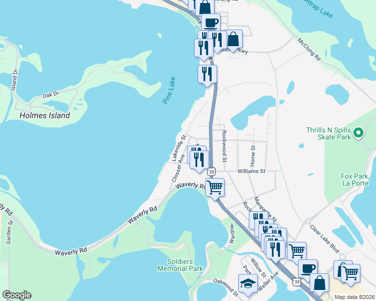 map of restaurants, bars, coffee shops, grocery stores, and more near 510 Closser Avenue in La Porte