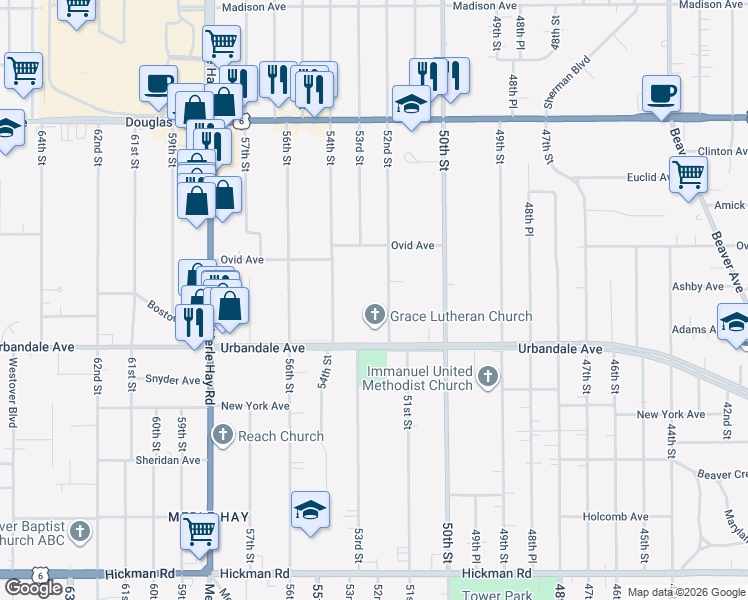 map of restaurants, bars, coffee shops, grocery stores, and more near 3111 52nd Street in Des Moines