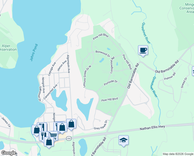 map of restaurants, bars, coffee shops, grocery stores, and more near 6 Friendship Court in Mashpee
