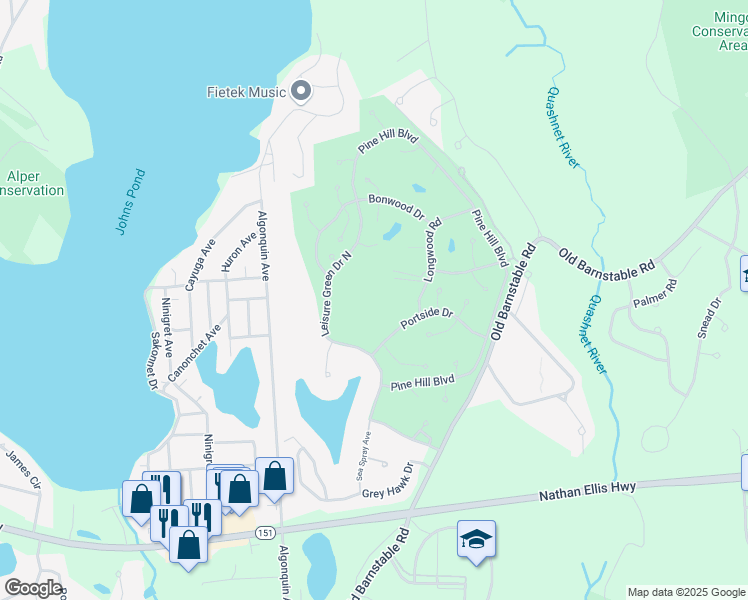 map of restaurants, bars, coffee shops, grocery stores, and more near 1 Pacific Avenue in Mashpee