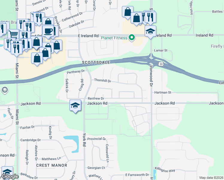 map of restaurants, bars, coffee shops, grocery stores, and more near 4900 East Blackford Drive in South Bend
