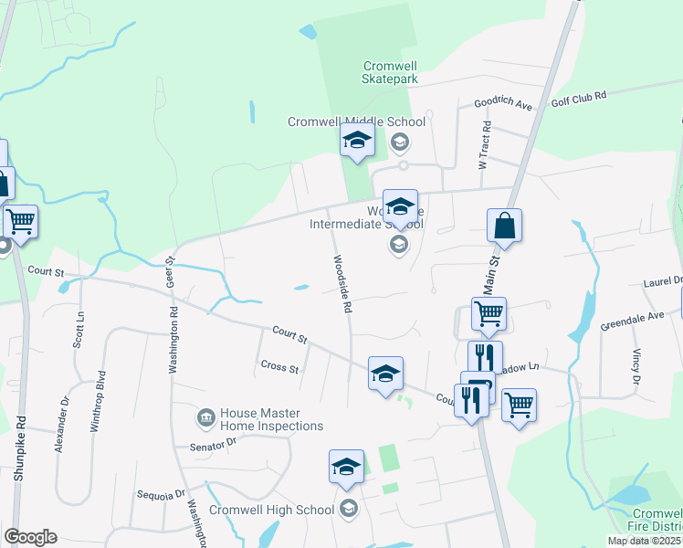 map of restaurants, bars, coffee shops, grocery stores, and more near 30 Woodside Road in Cromwell
