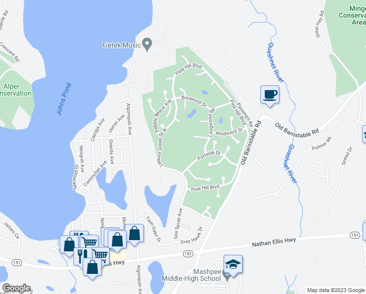 map of restaurants, bars, coffee shops, grocery stores, and more near 6 Friendship Court in Mashpee