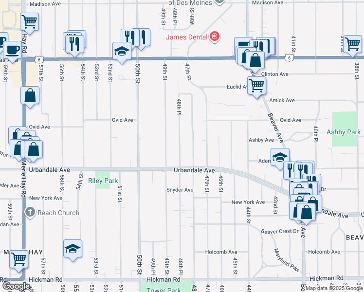 map of restaurants, bars, coffee shops, grocery stores, and more near 3111 48th Pl in Des Moines